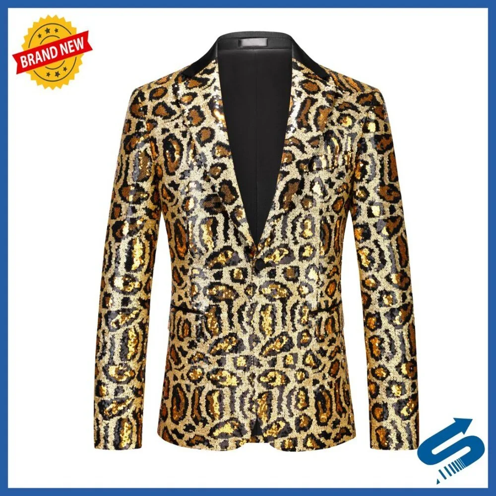 Men's Sequin Blazer Leopard Print Glitter Tuxedo Jacket Party Prom